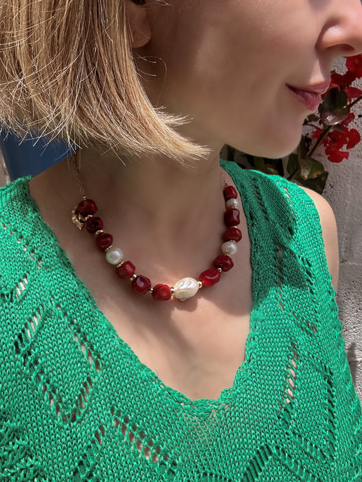 Red Coral And Pearl Statement Necklace