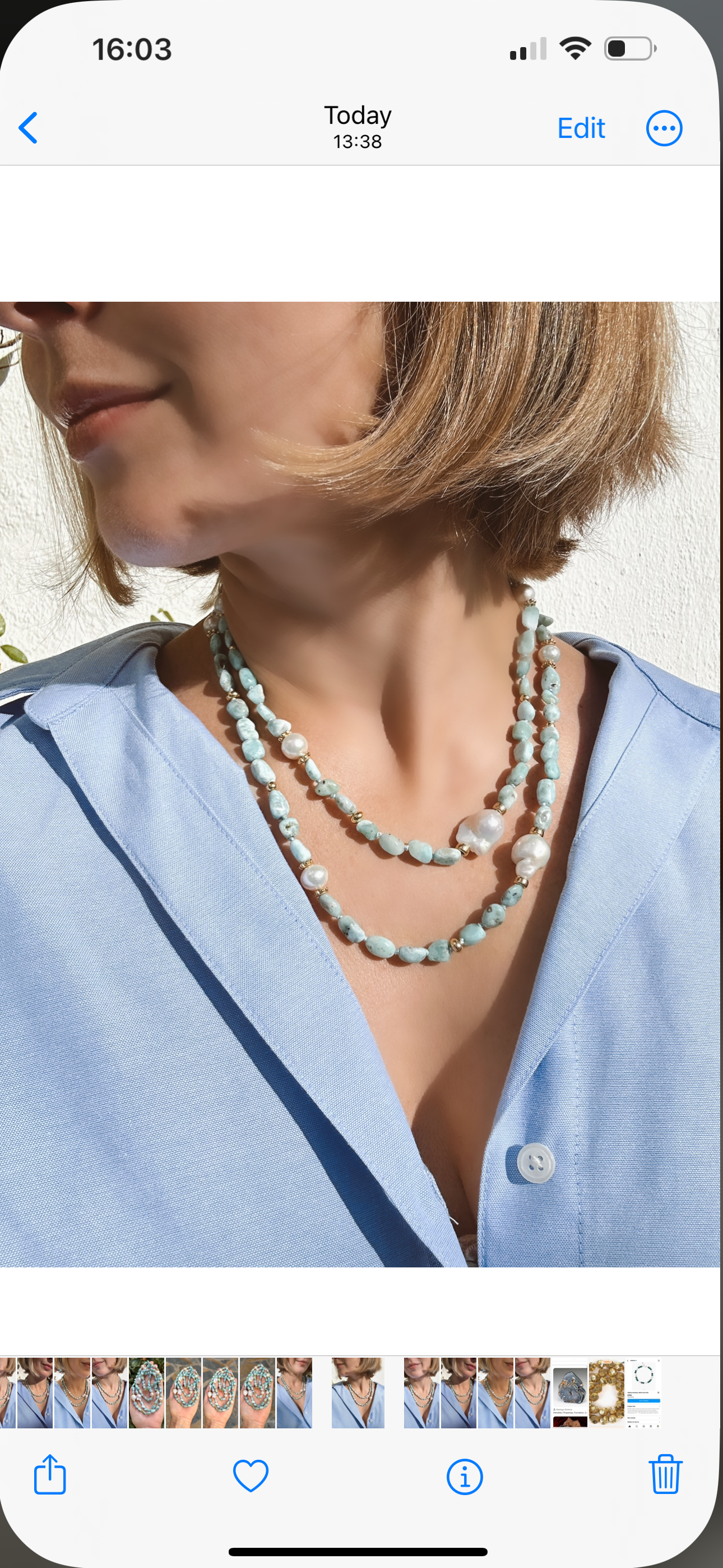Long Larimar and Baroque Pearl necklace “La Romana”