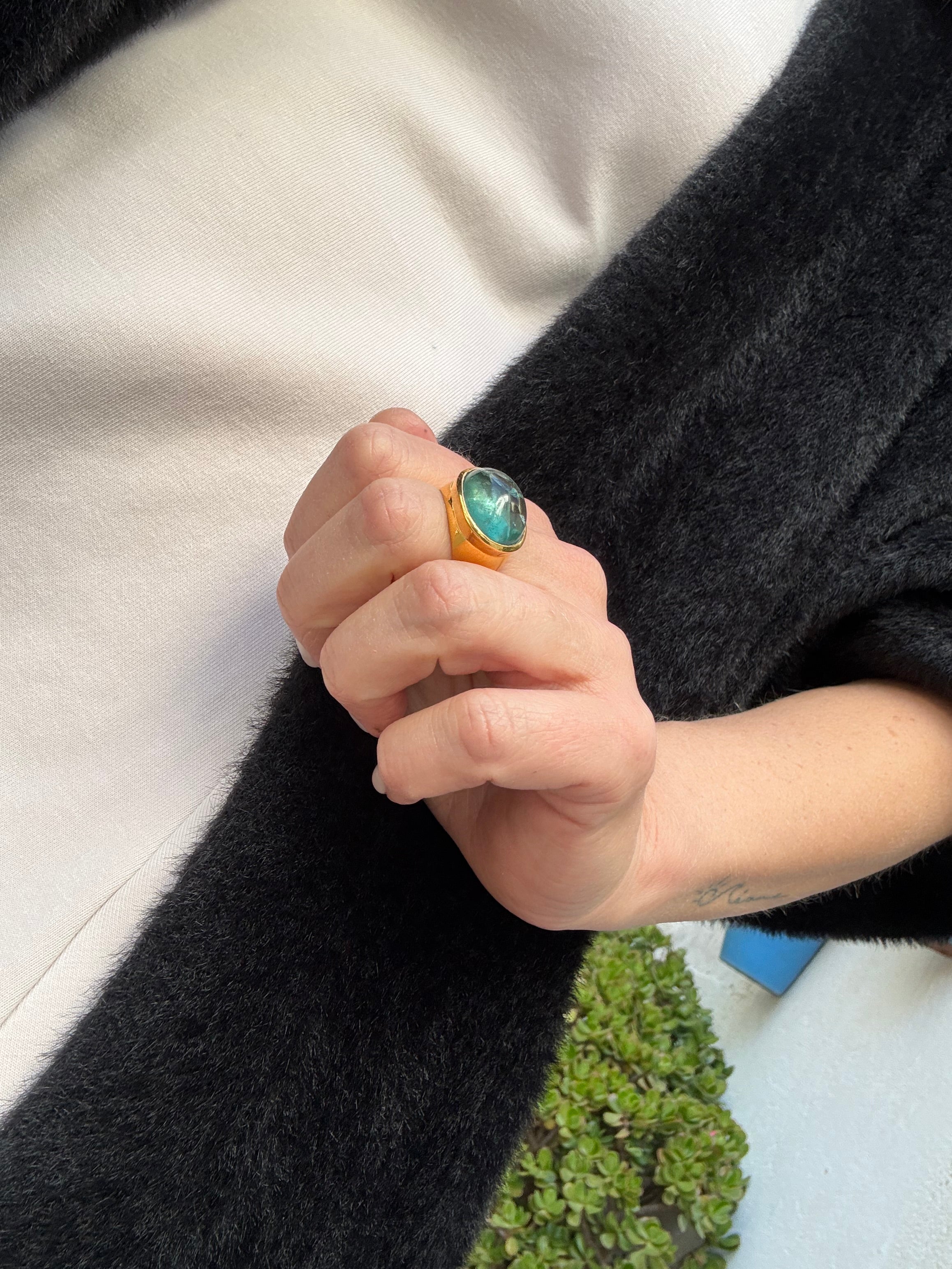 Teal Fluorite Cabochon Ring — Gold-Plated Sterling Silver