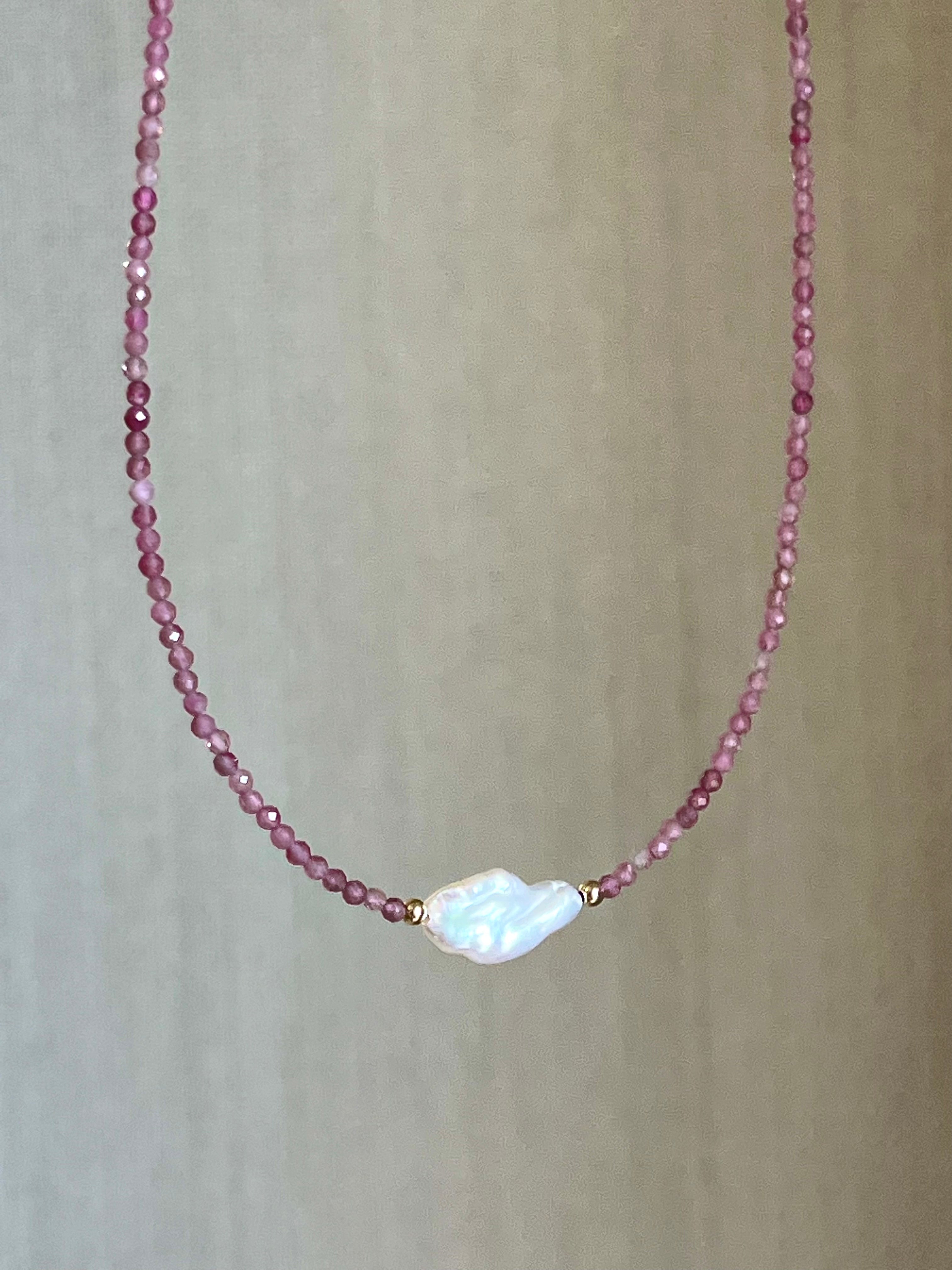 Pink Tourmaline and Keshi Pearl Necklace, October Birthstone Necklace