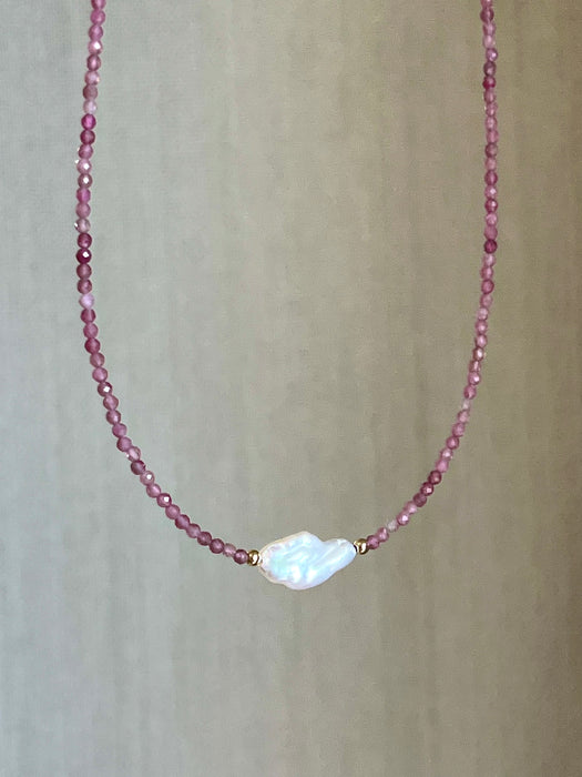 Pink Tourmaline and Keshi Pearl Necklace, October Birthstone Necklace