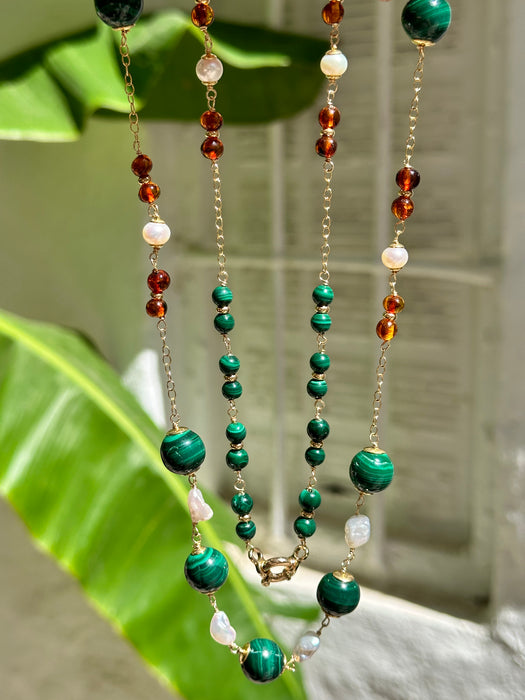 Long Malachite And Pearl Chain