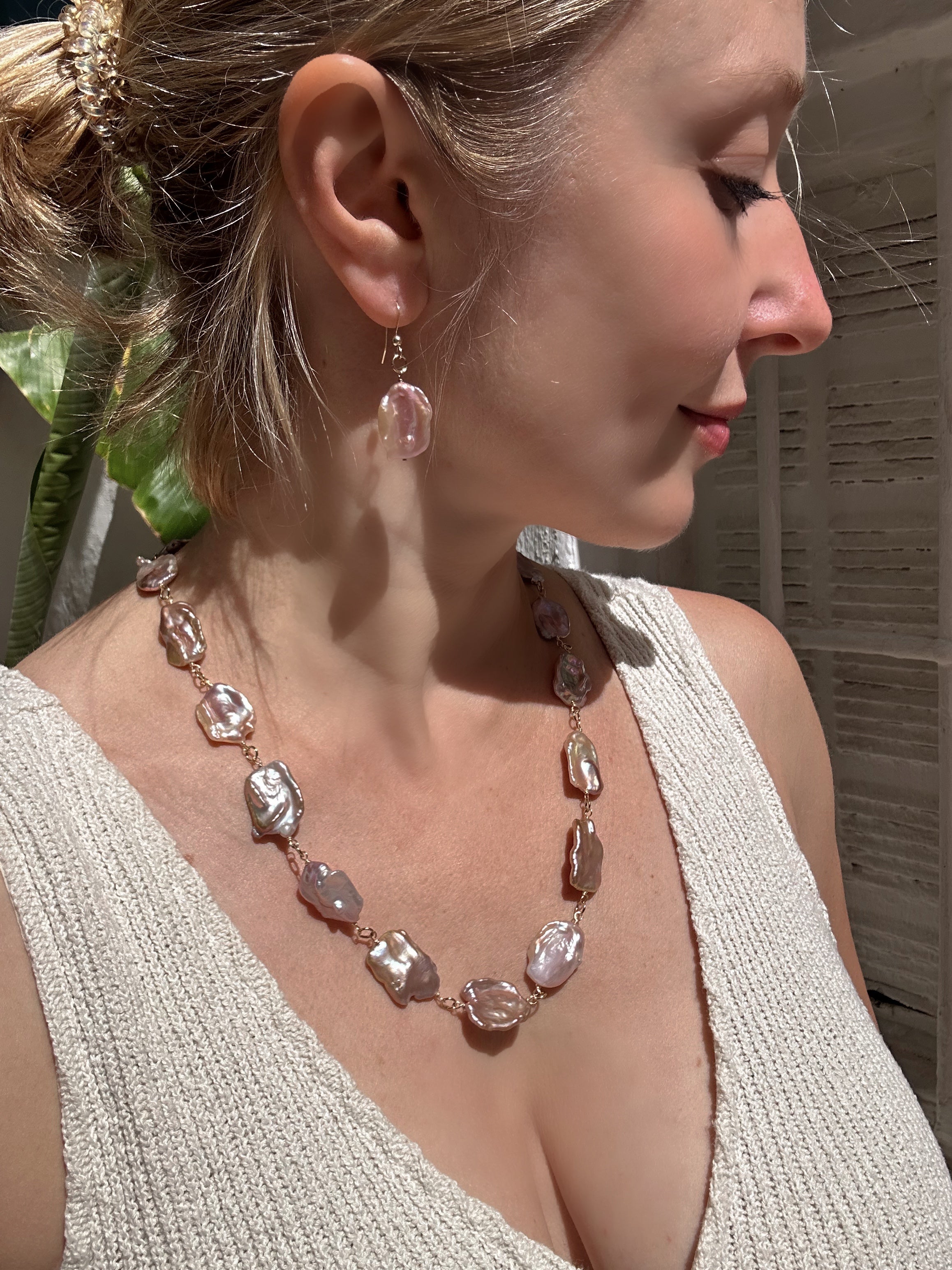 Large Purple Keshi Pearl Necklace and Earrings Set