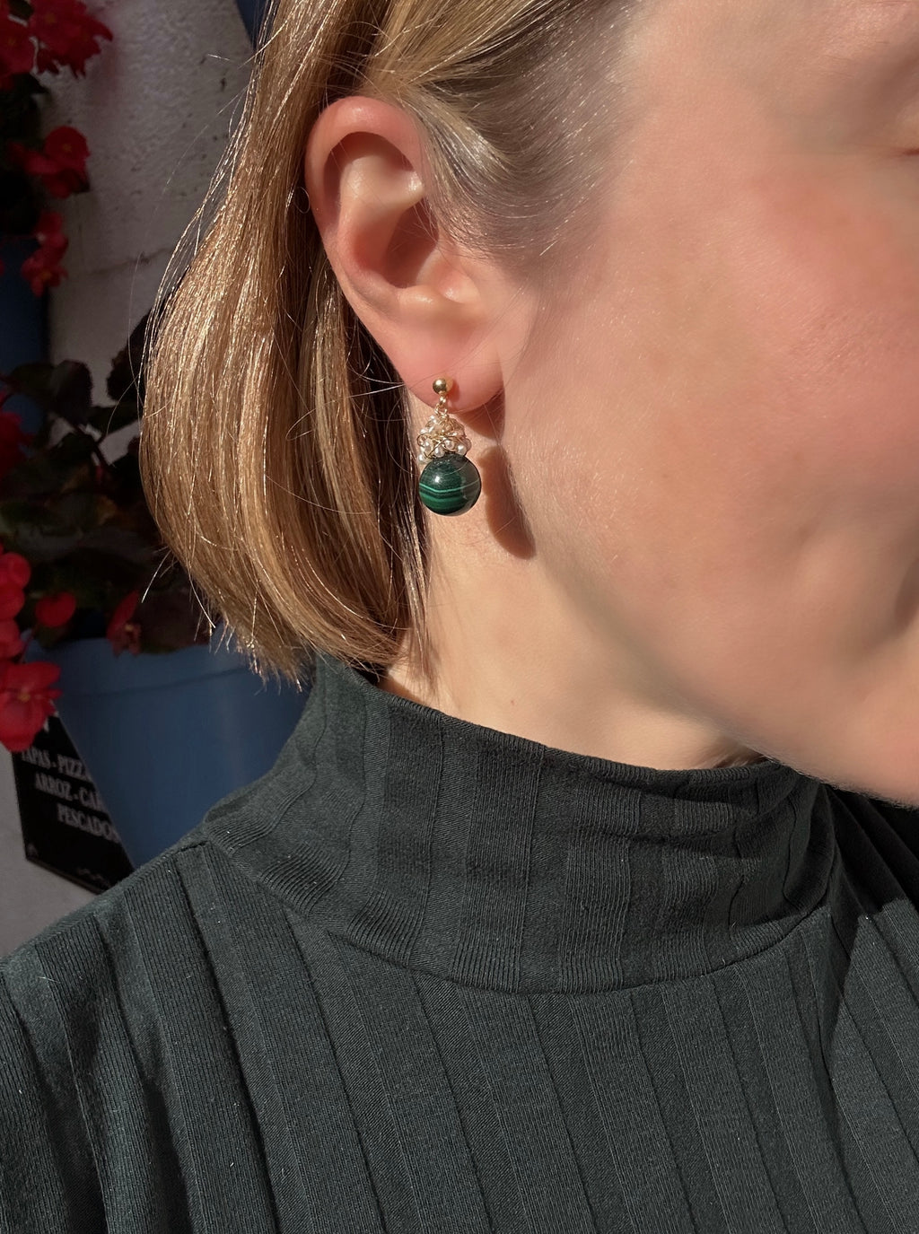 Malachite And Pearl Cluster Earrings