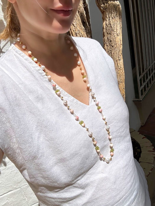 Queen Conch Shell, Pearl and Peridot Long necklace