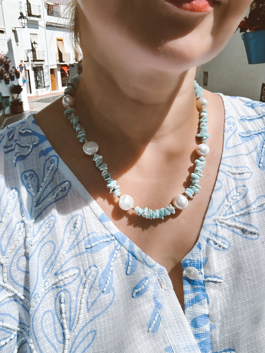 Larimar chips and Baroque pearls necklace