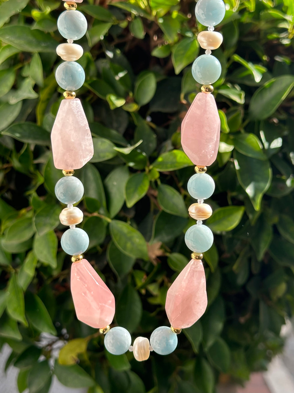 Chunky Rose Quartz, Aquamarine and Pearl Statement Necklace
