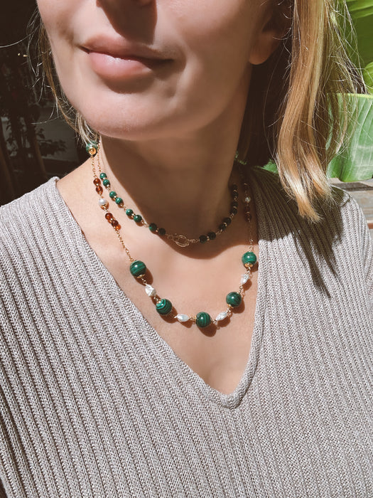 Long Malachite And Pearl Chain