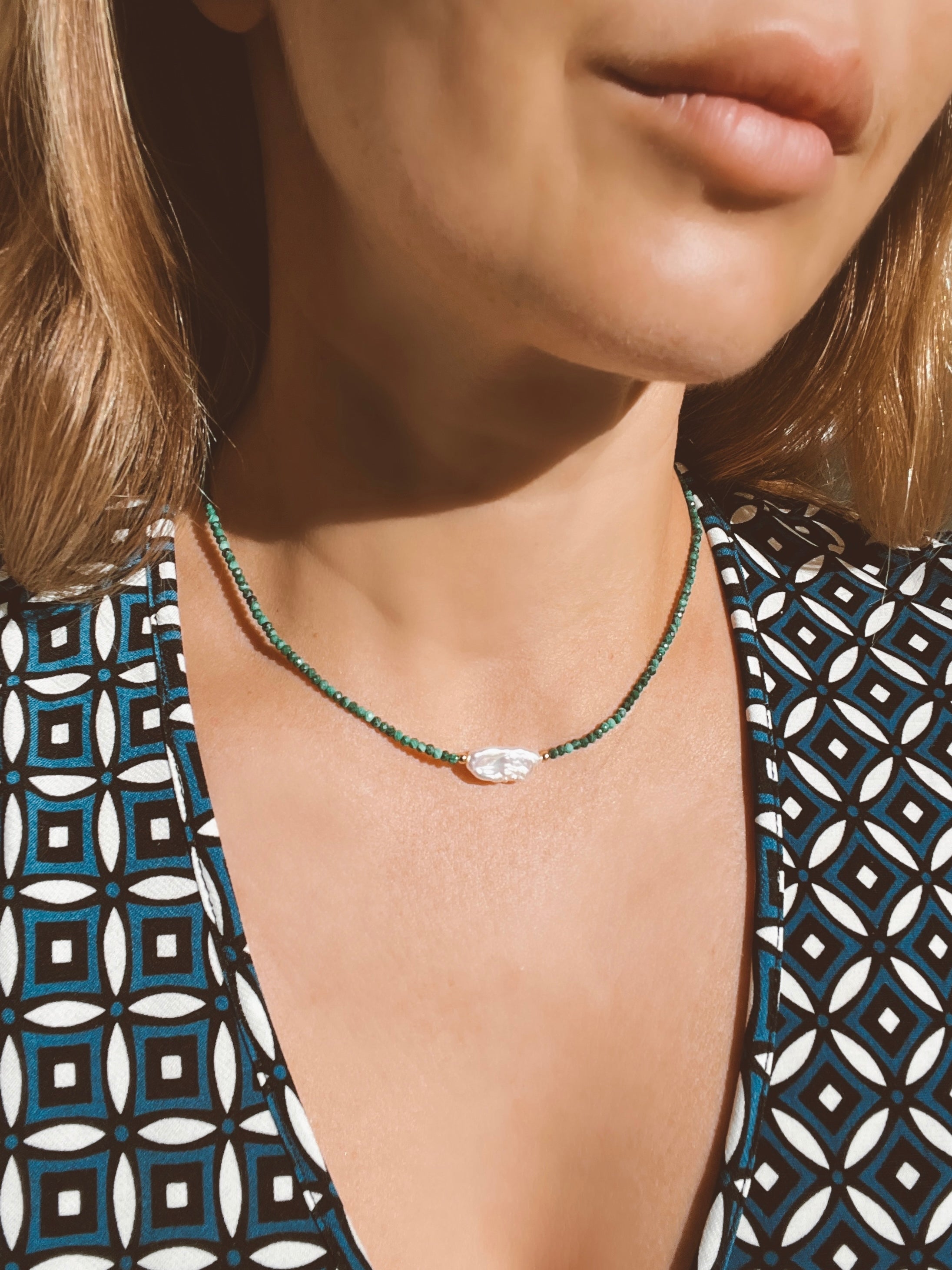 Malachite And Keshi Pearl Minimalist Necklace