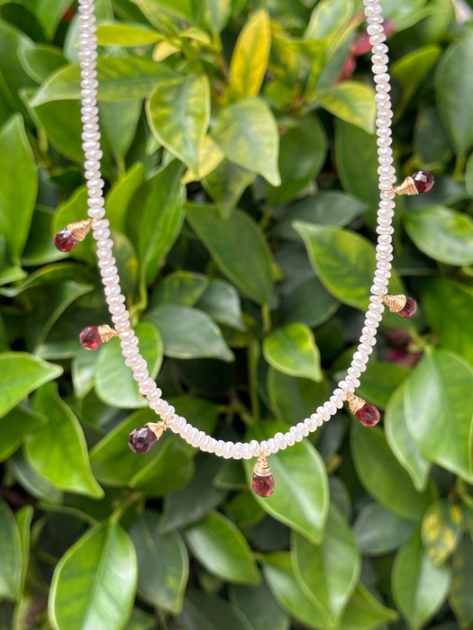 Garnet and pearl dainty necklace