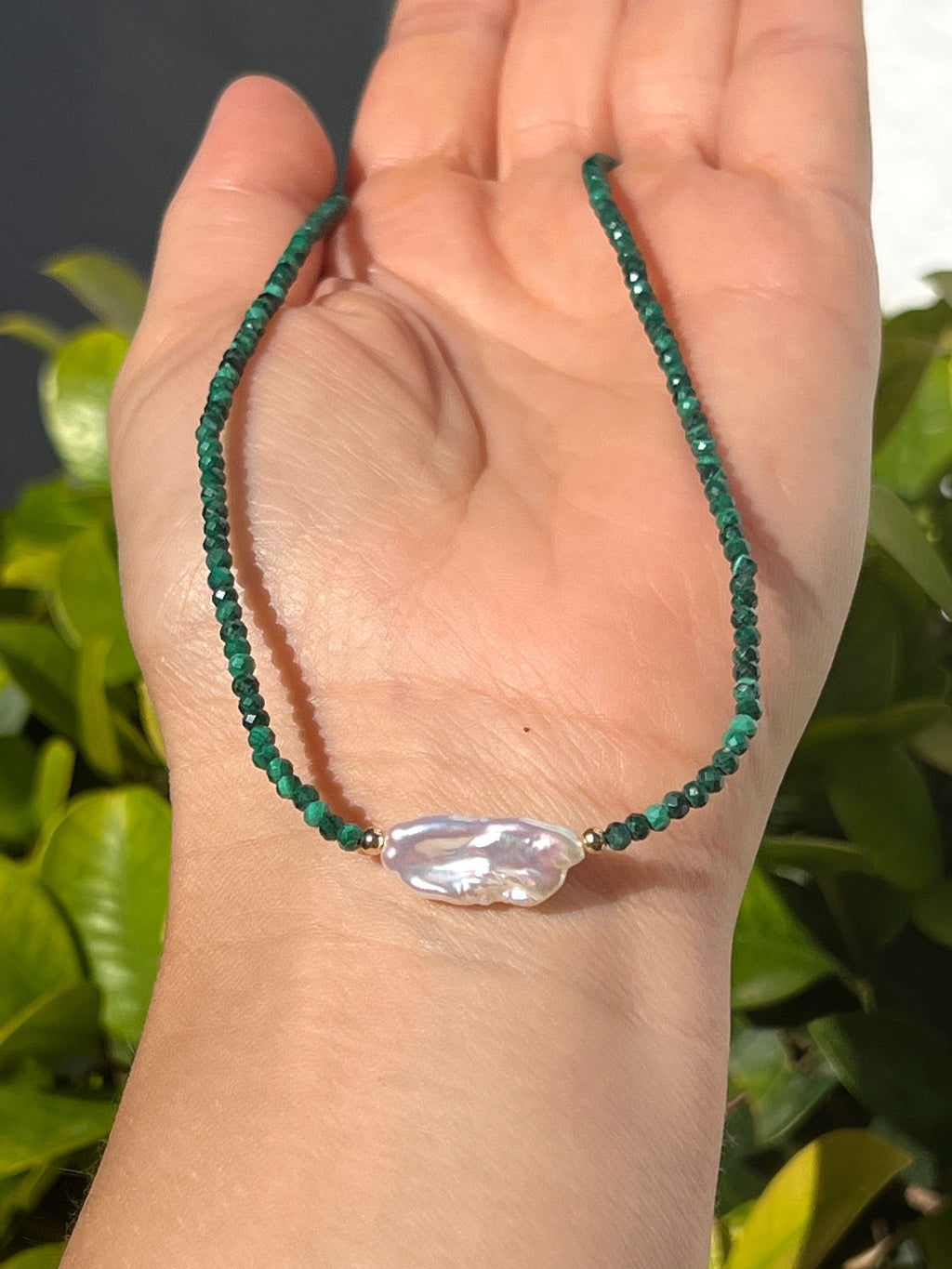 Malachite And Keshi Pearl Minimalist Necklace