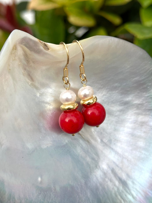 Red Coral And Pearl Drop Earrings