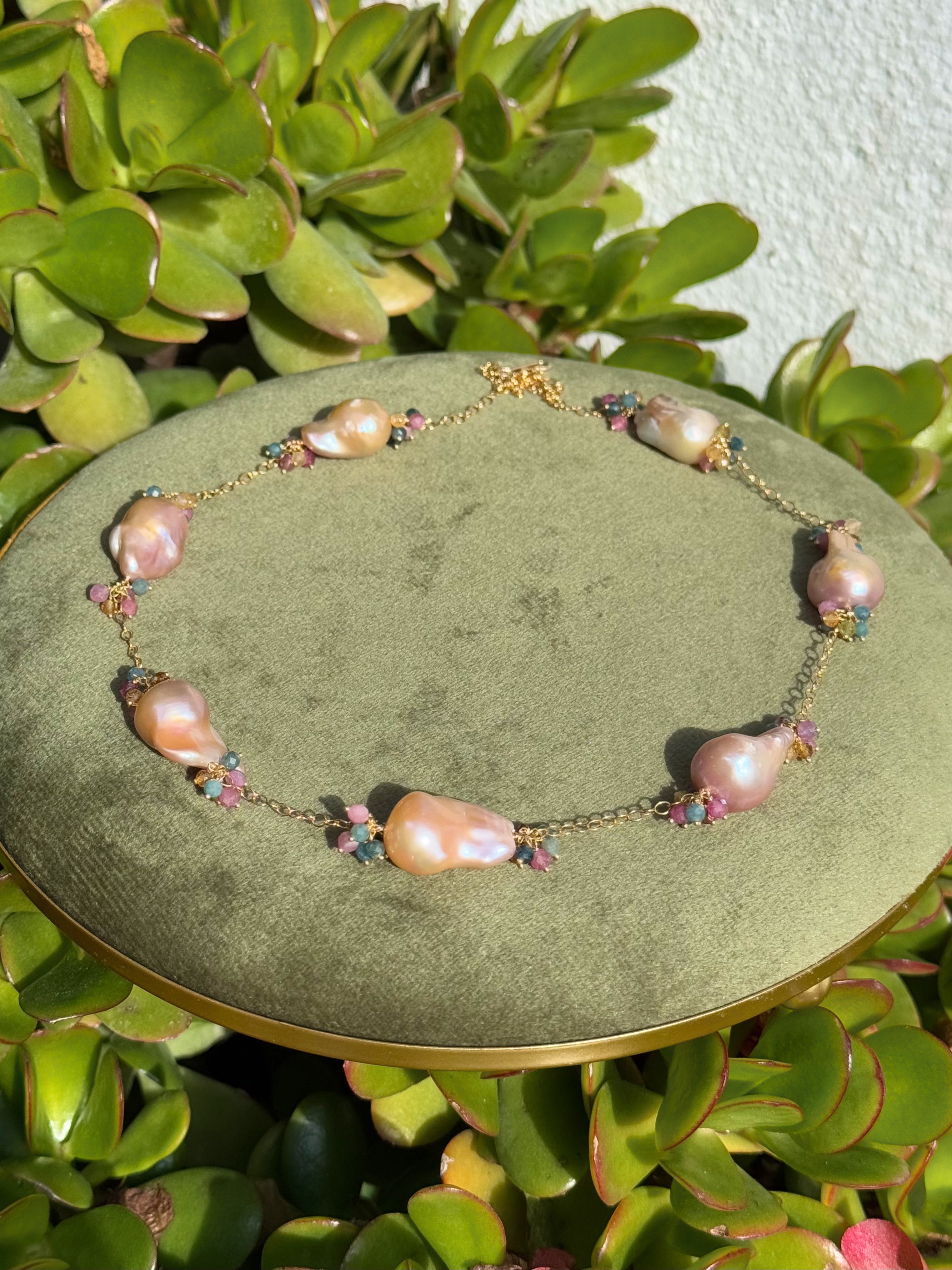 Purple Baroque Pearl & Rainbow Tourmaline Necklace — 14k Gold Filled