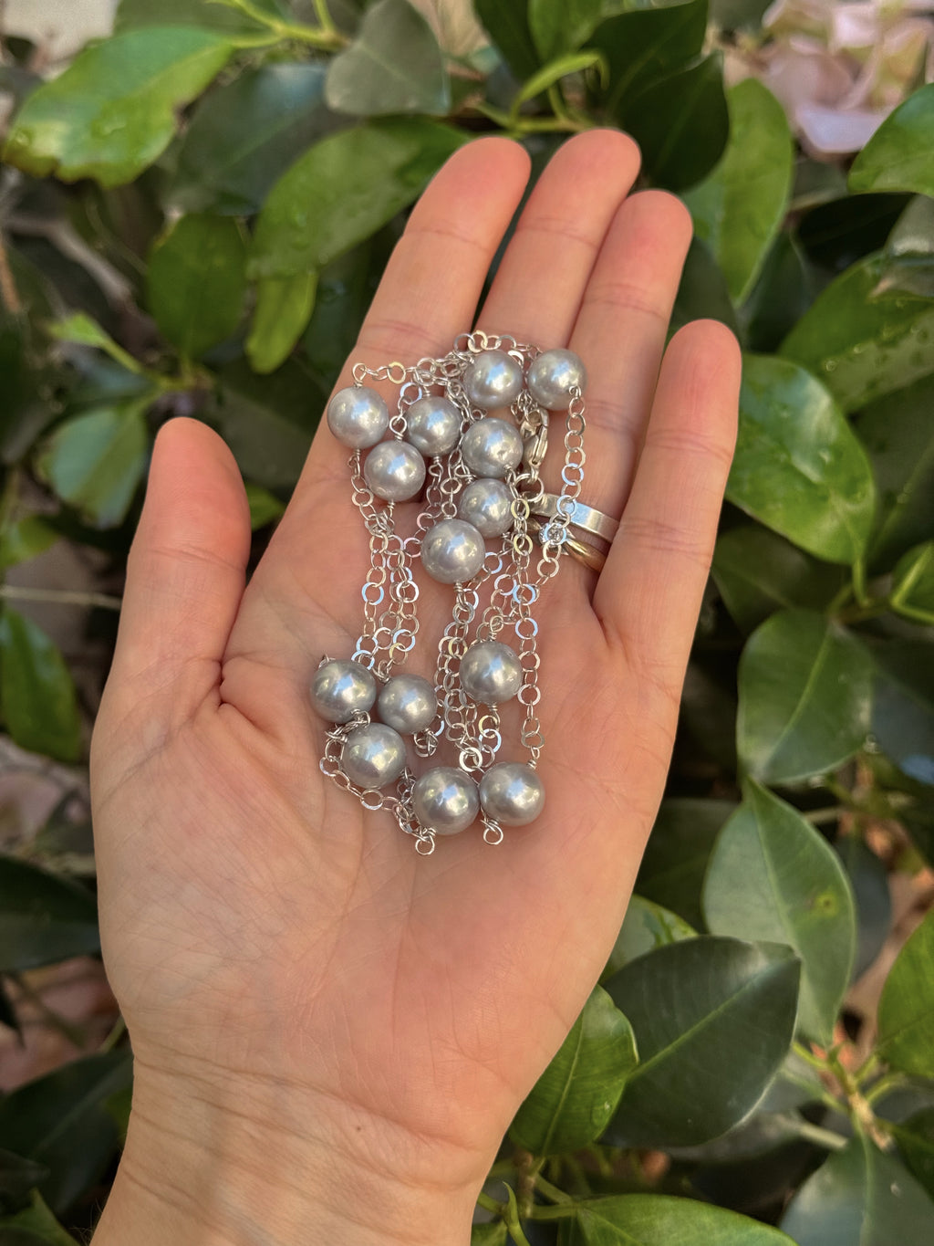 Long Silver Chain With Round Grey Pearls