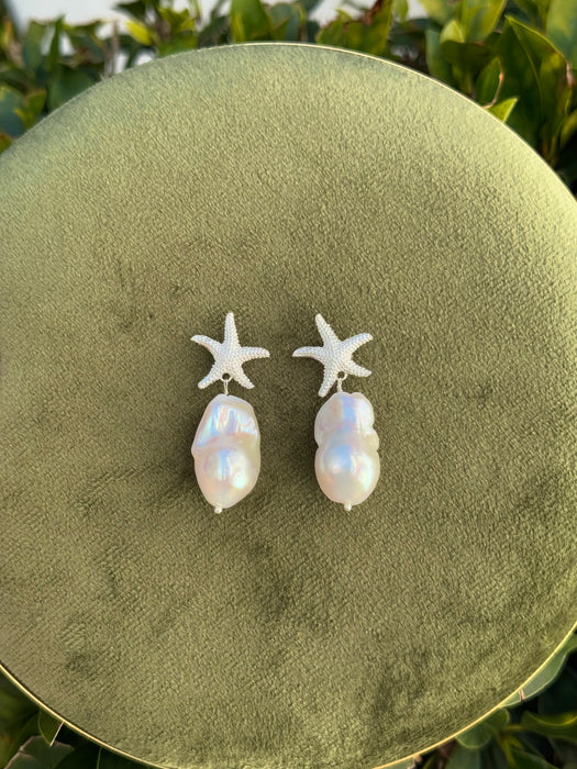 Silver Starfish Baroque Pearl Earrings