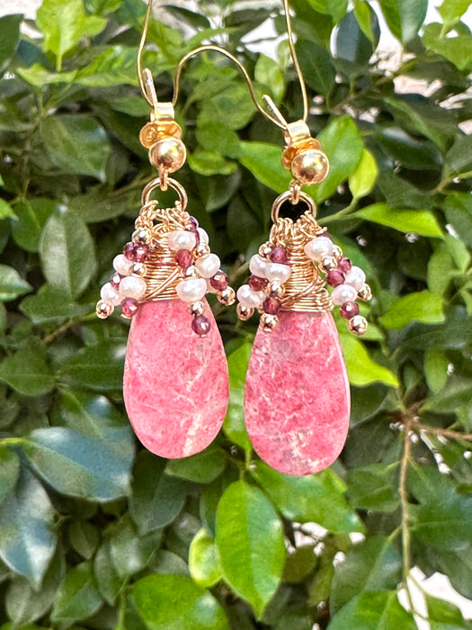 Rhodocrosite Drop Earrings with Garnet and Pearls Cluster