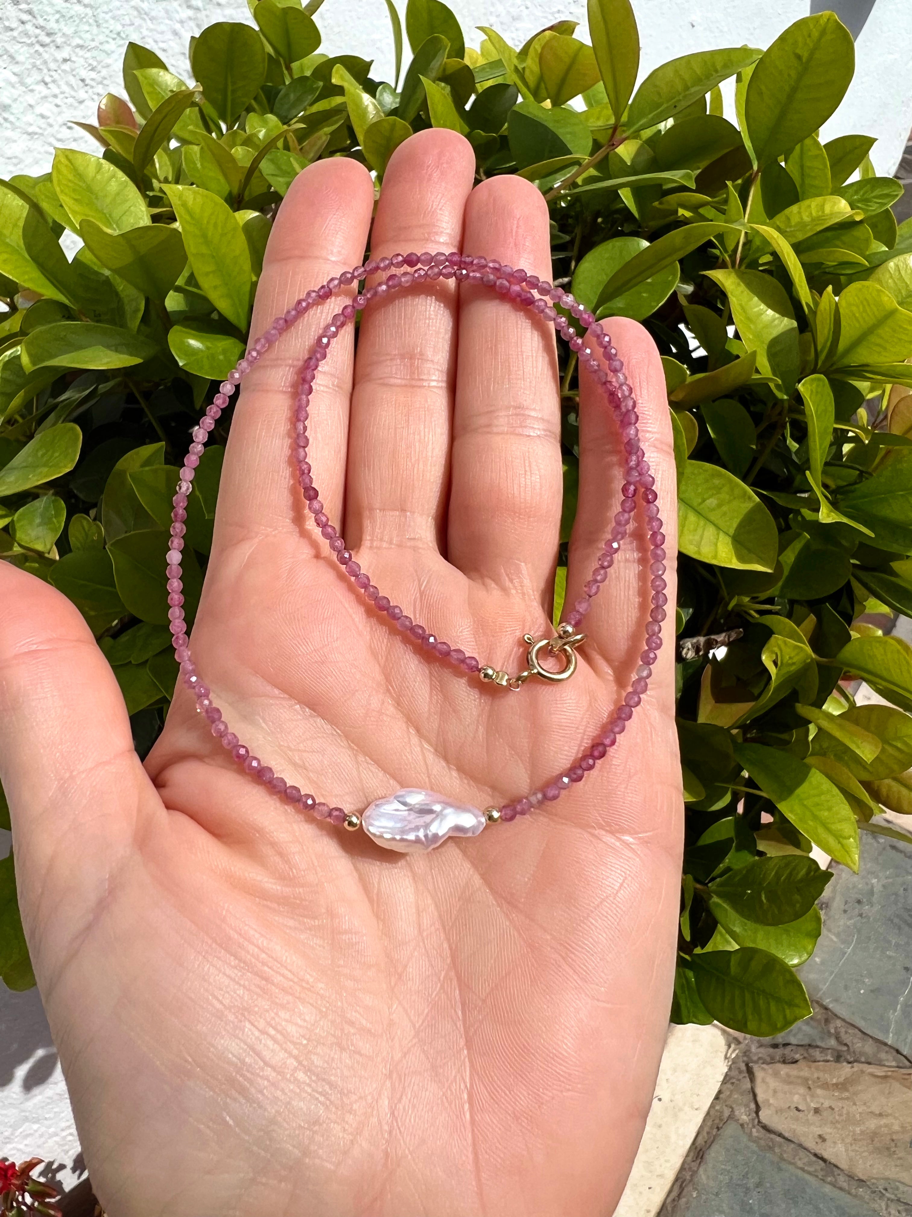 Pink Tourmaline and Keshi Pearl Necklace, October Birthstone Necklace