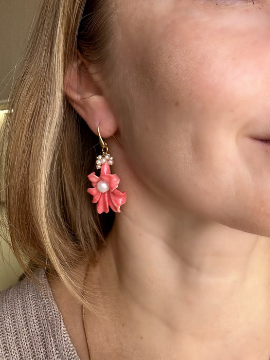 Carved shell flower and pearl earrings