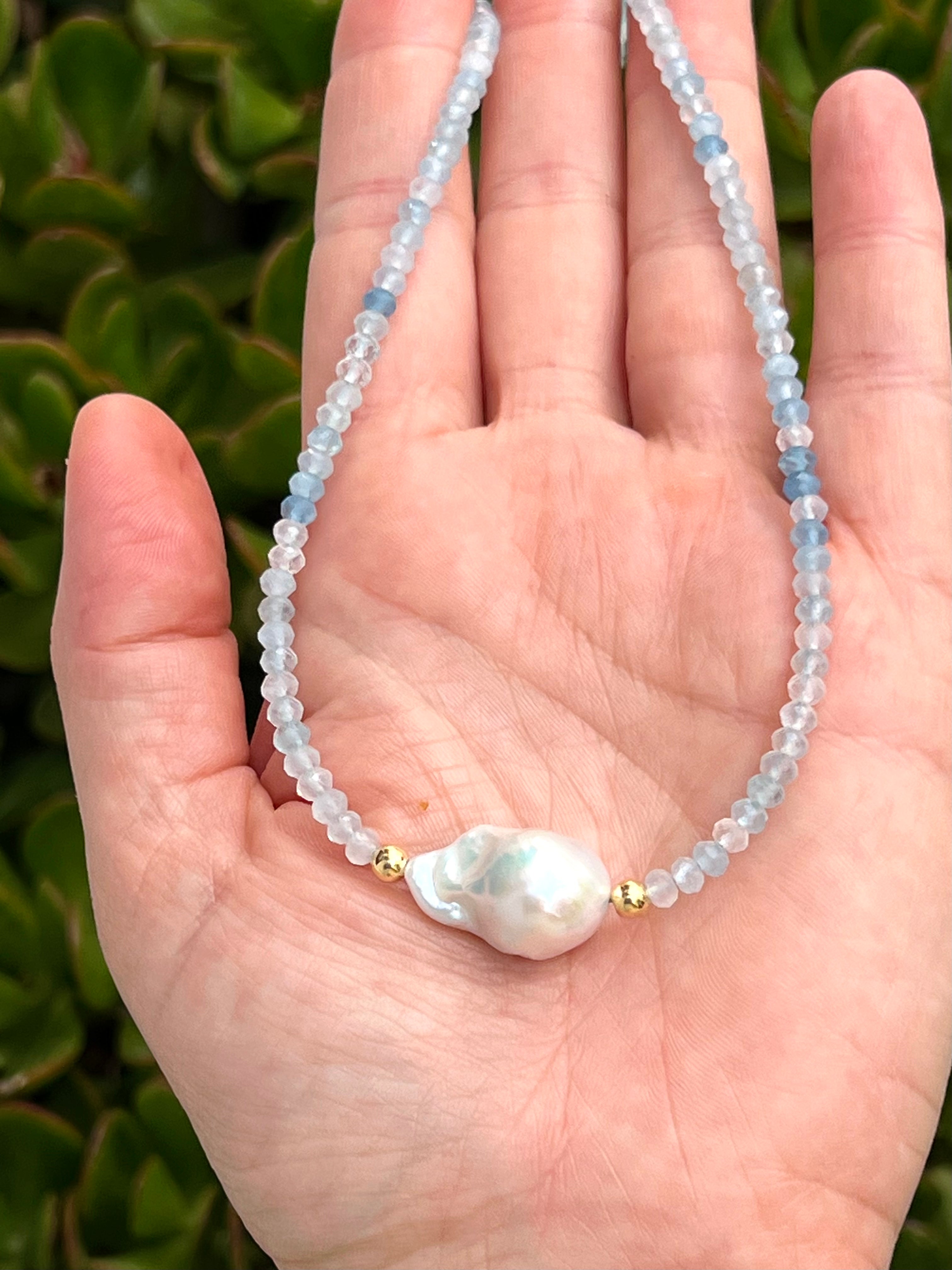 Aquamarine And Baroque Pearl Necklace, March Birthstone