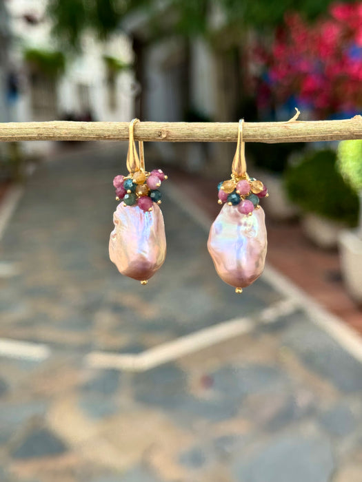 Purple Baroque Pearl Drop Earrings With Tourmalines