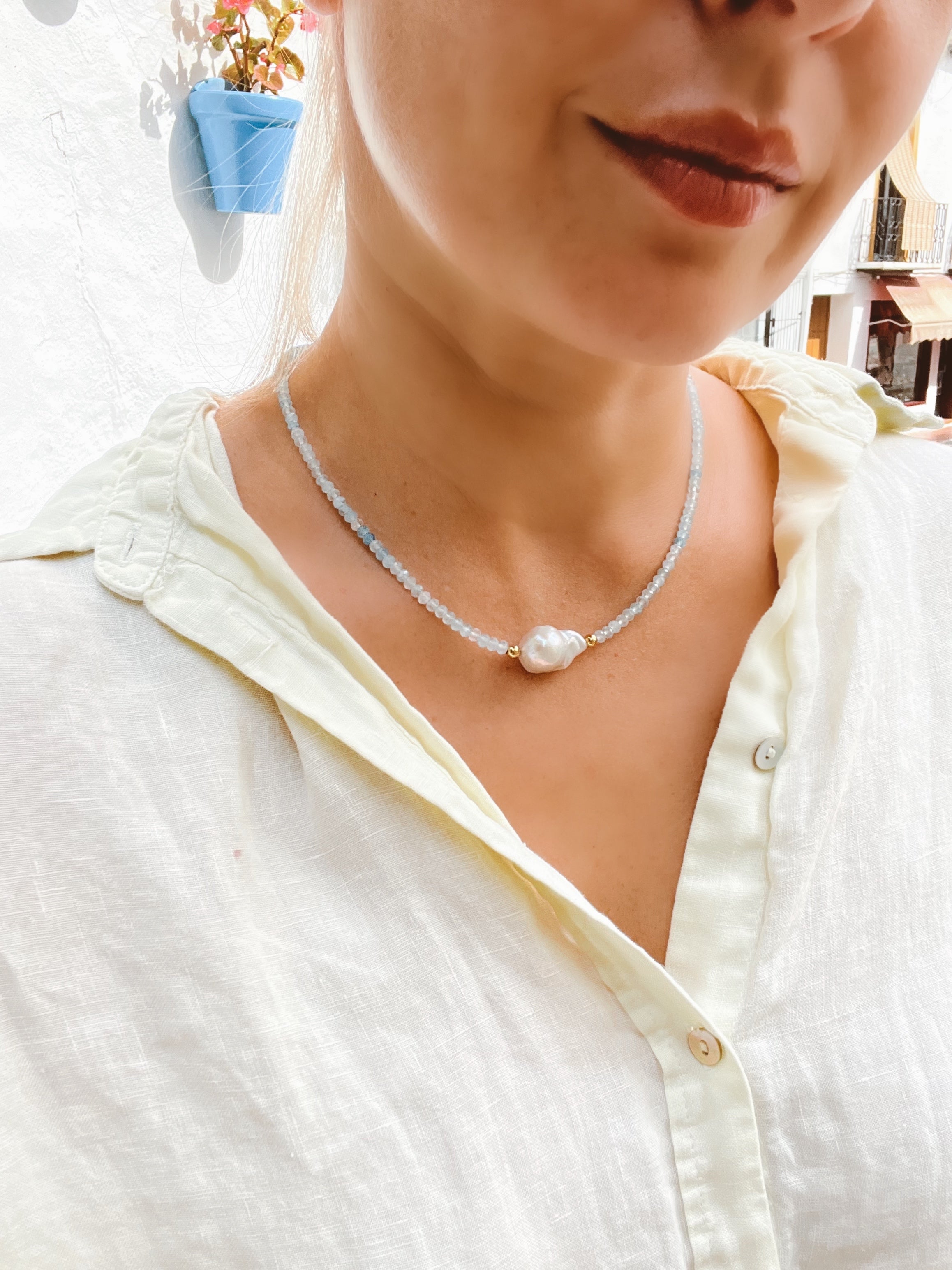 Aquamarine And Baroque Pearl Necklace, March Birthstone