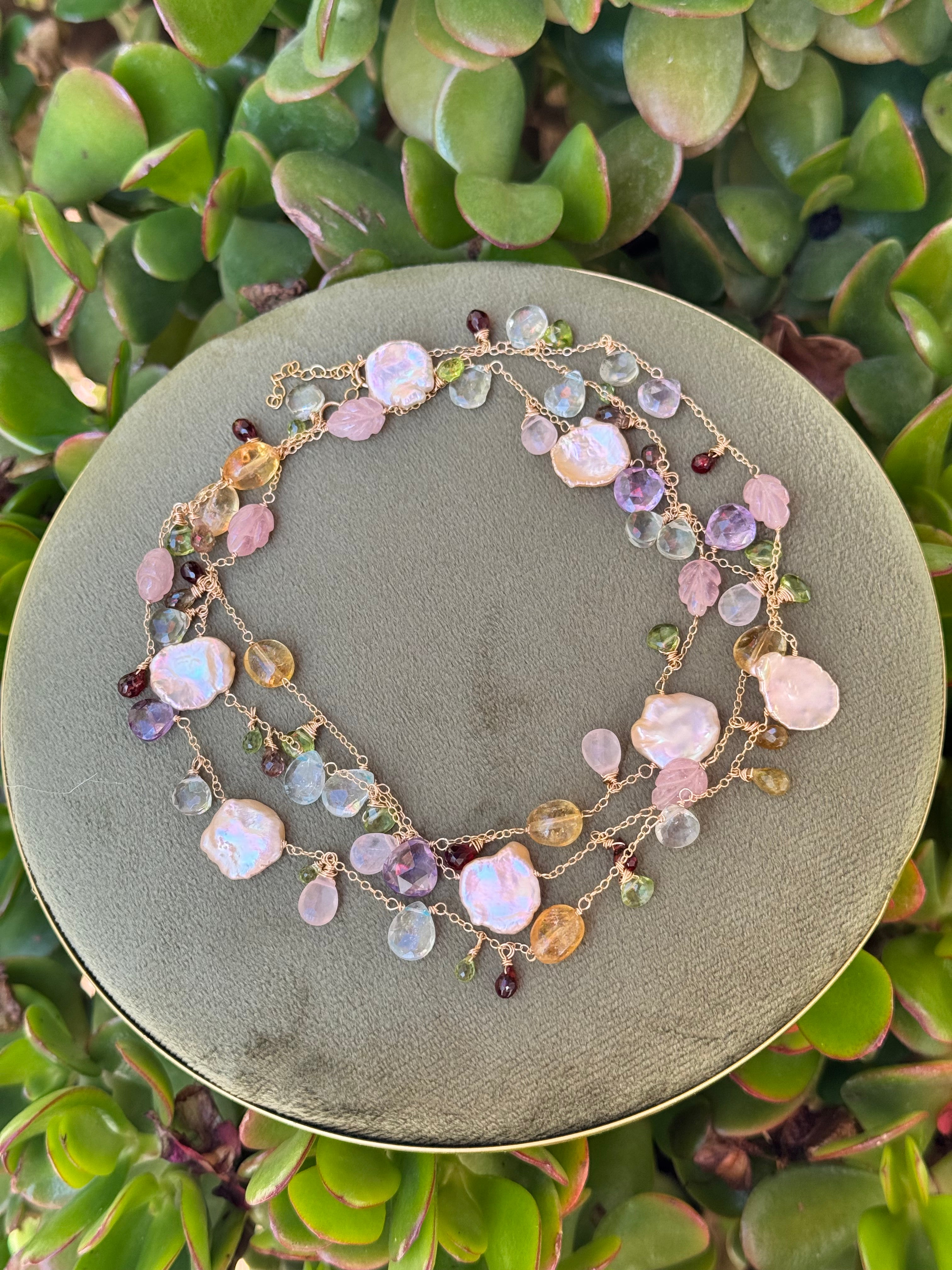 Multi Gemstone & Pink Keshi Pearl Long Necklace — 14k Gold Filled