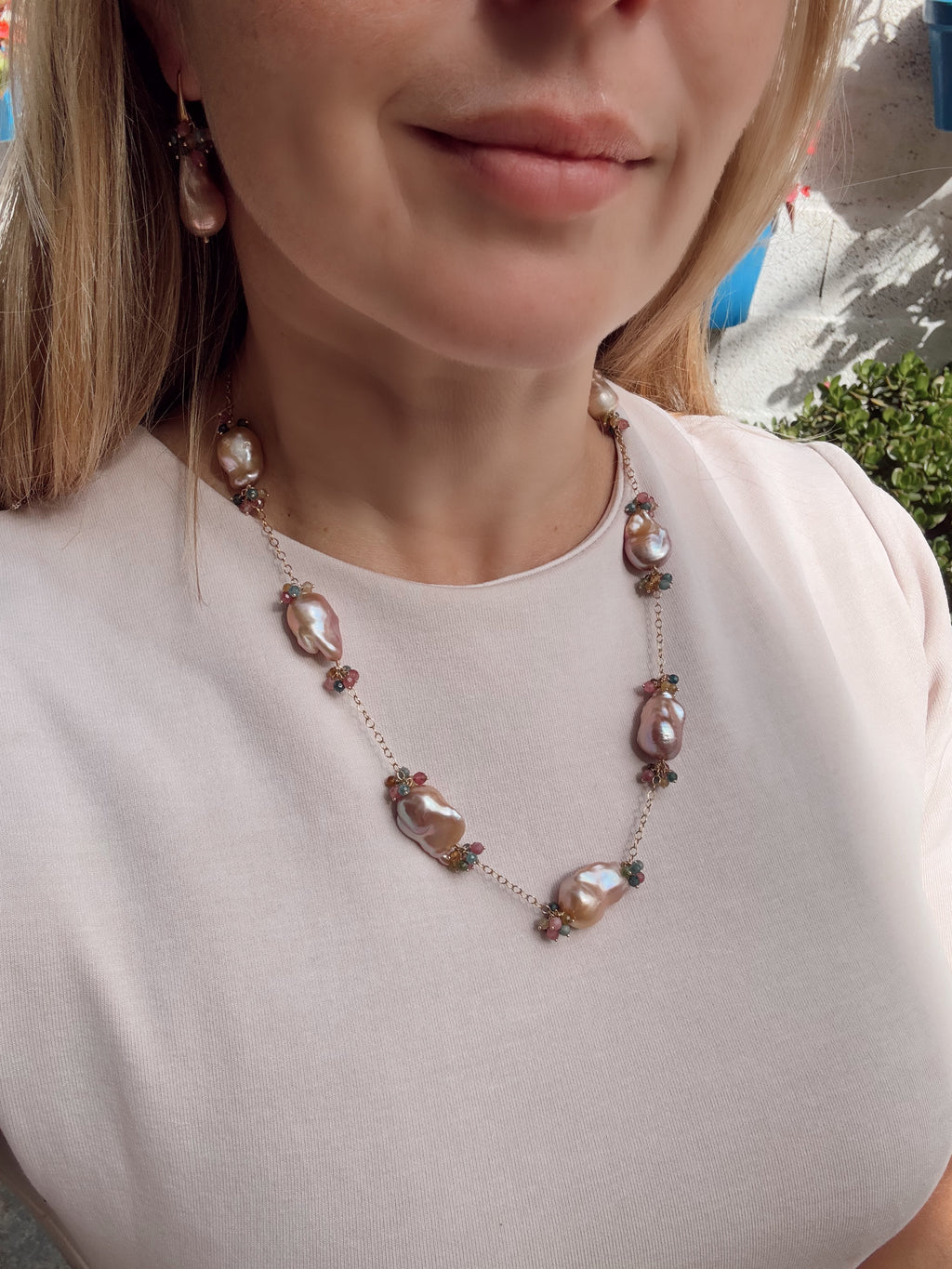 Purple Baroque Pearl & Rainbow Tourmaline Necklace — 14k Gold Filled
