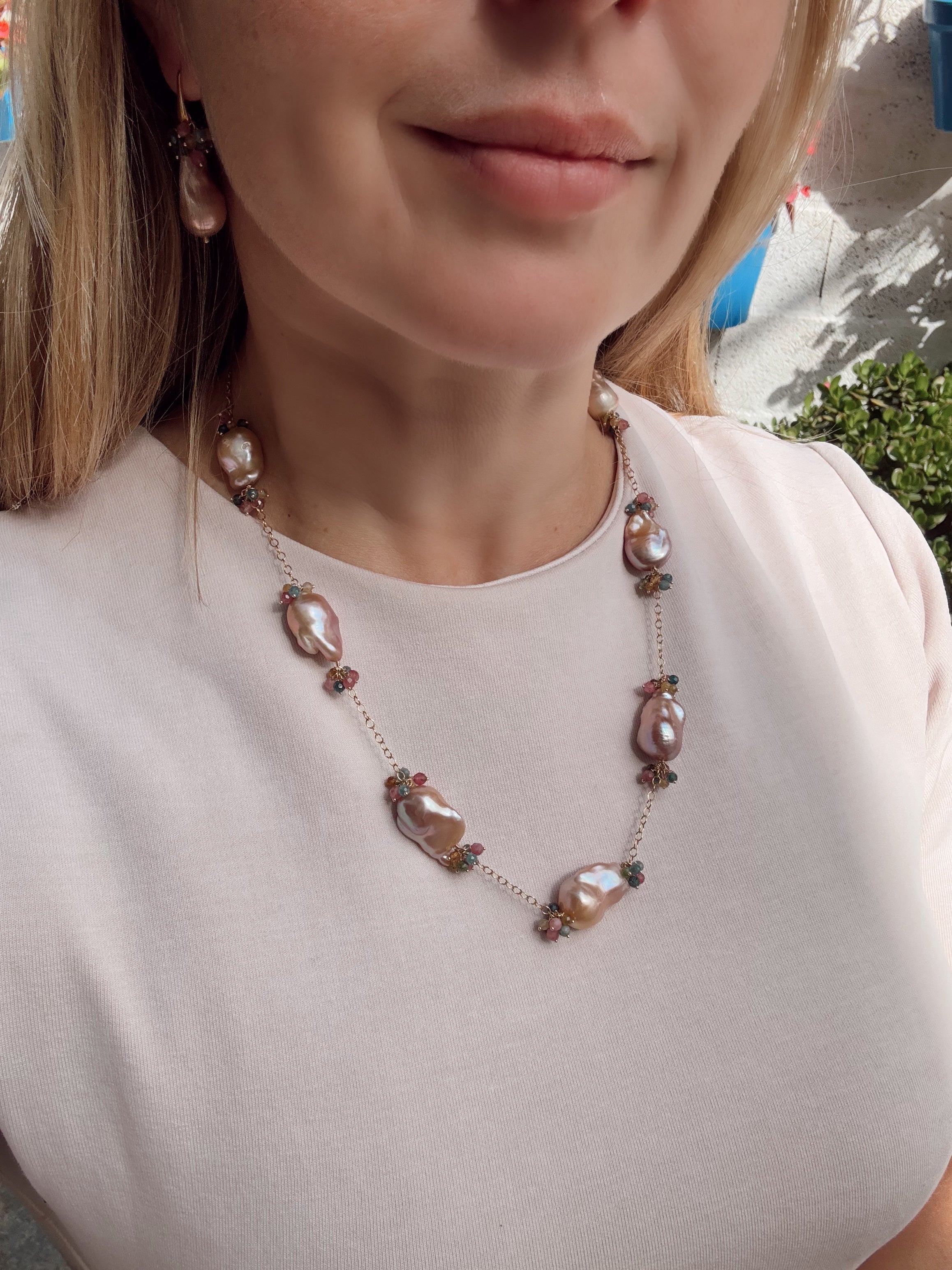 Purple Baroque Pearl & Rainbow Tourmaline Necklace — 14k Gold Filled