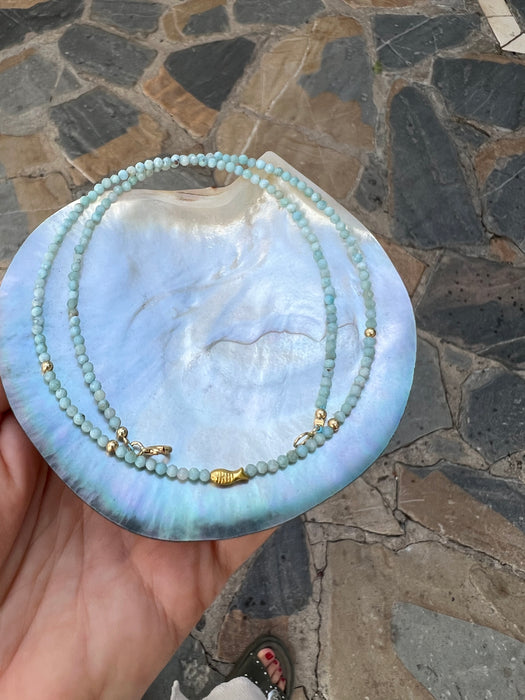 Larimar Beaded Necklace in Solid Gold