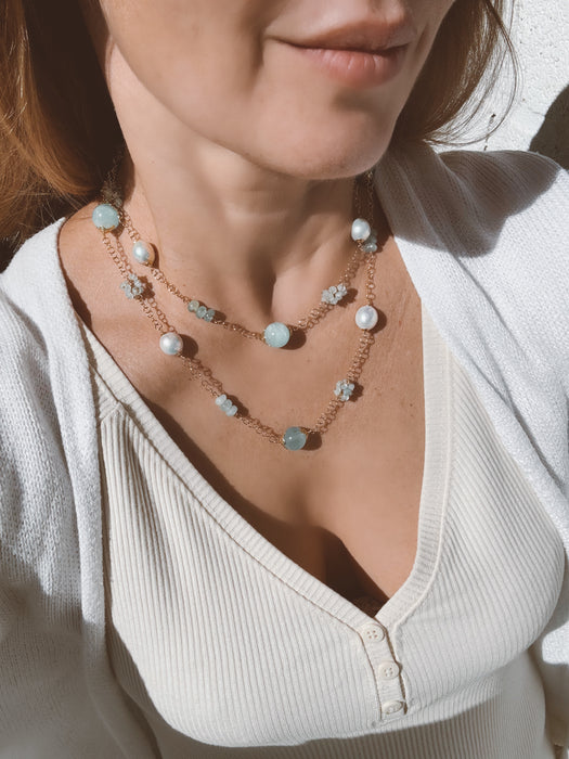 Aquamarine and Freshwater Pearl Long Necklace