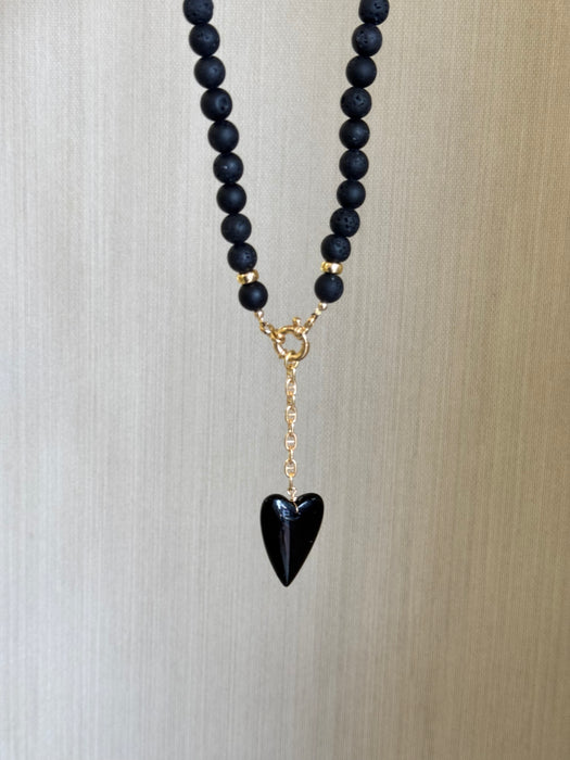 Heart Necklace in Lava Stone Beads and Black Onyx Pendant