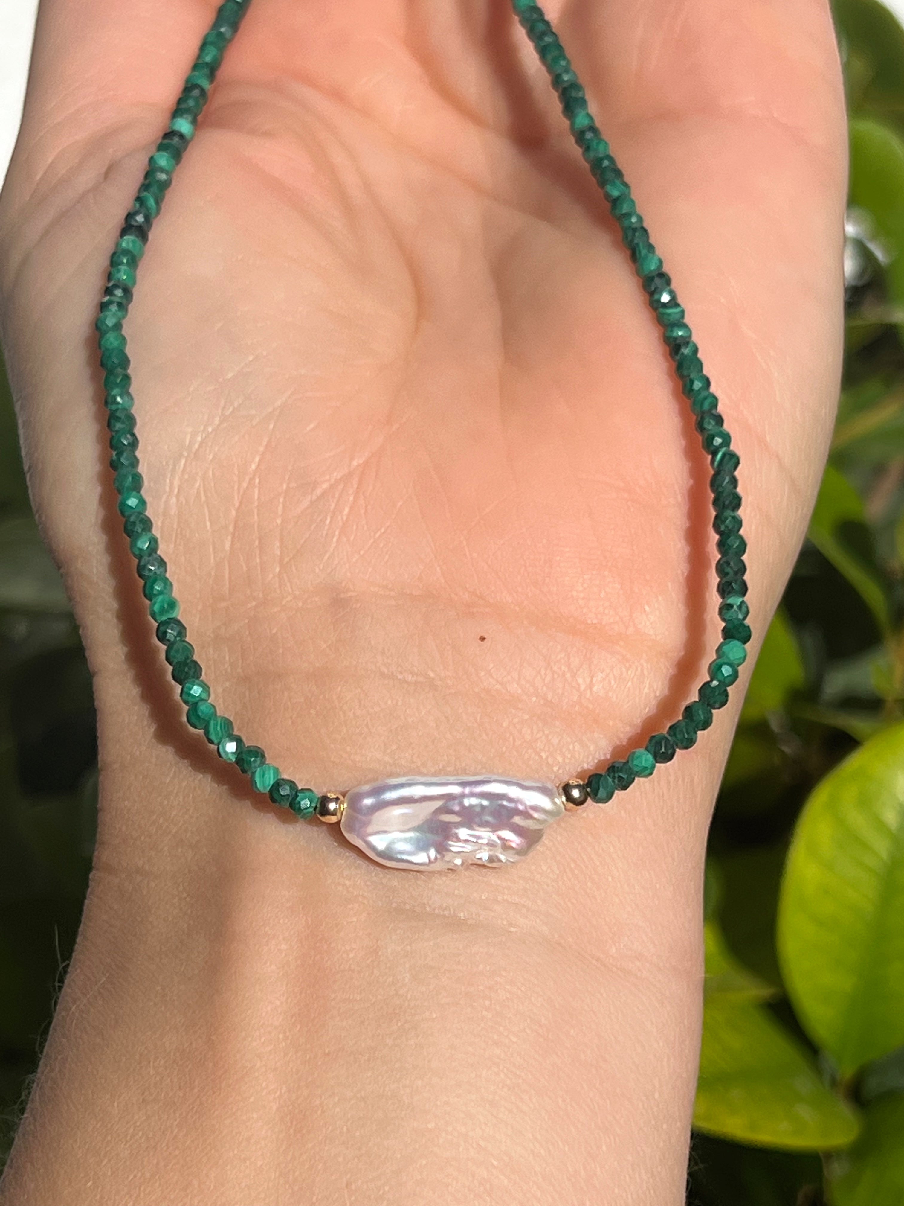 Malachite And Keshi Pearl Minimalist Necklace