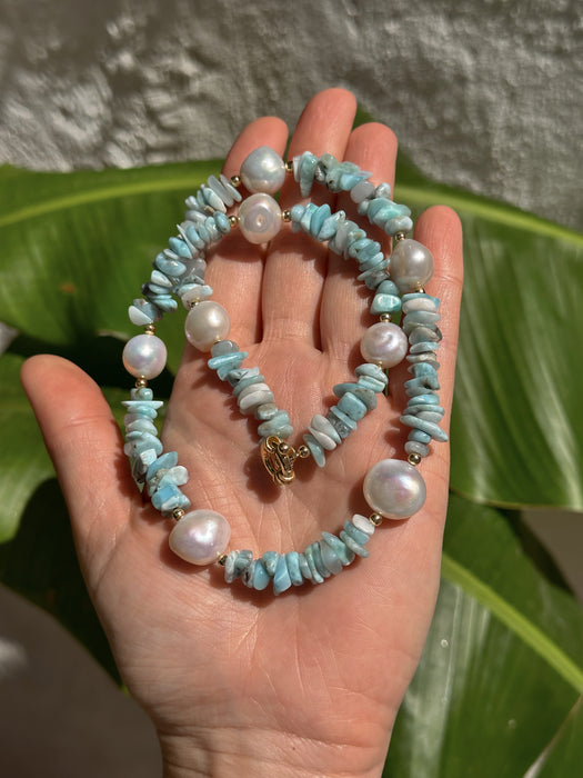 Larimar chips and Baroque pearls necklace