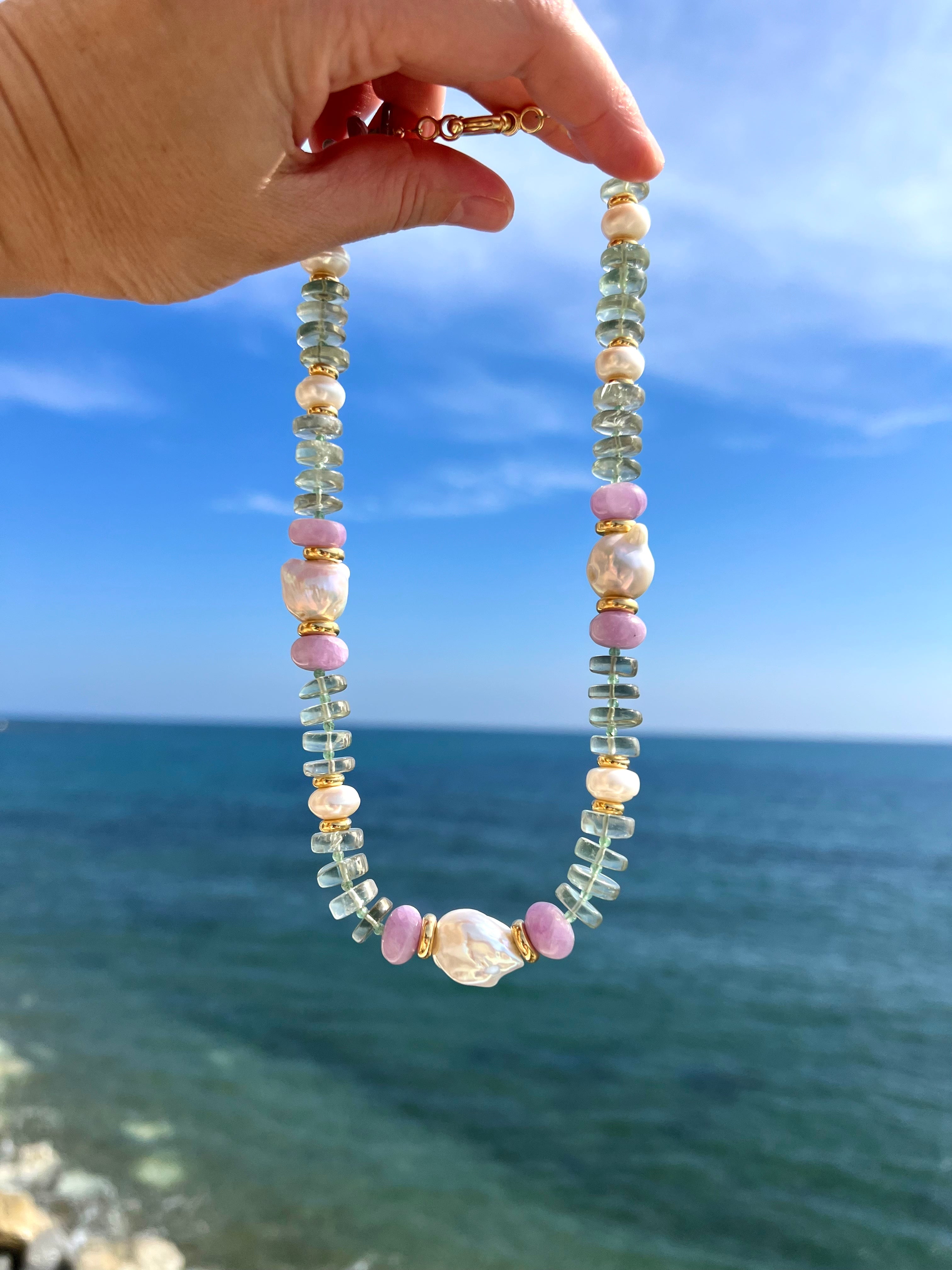 Statement Necklace In Green Amethyst And Kunzite