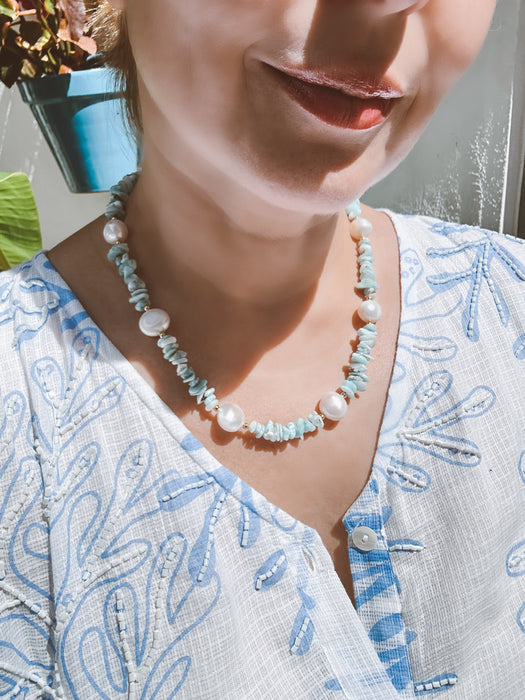 Larimar chips and Baroque pearls necklace