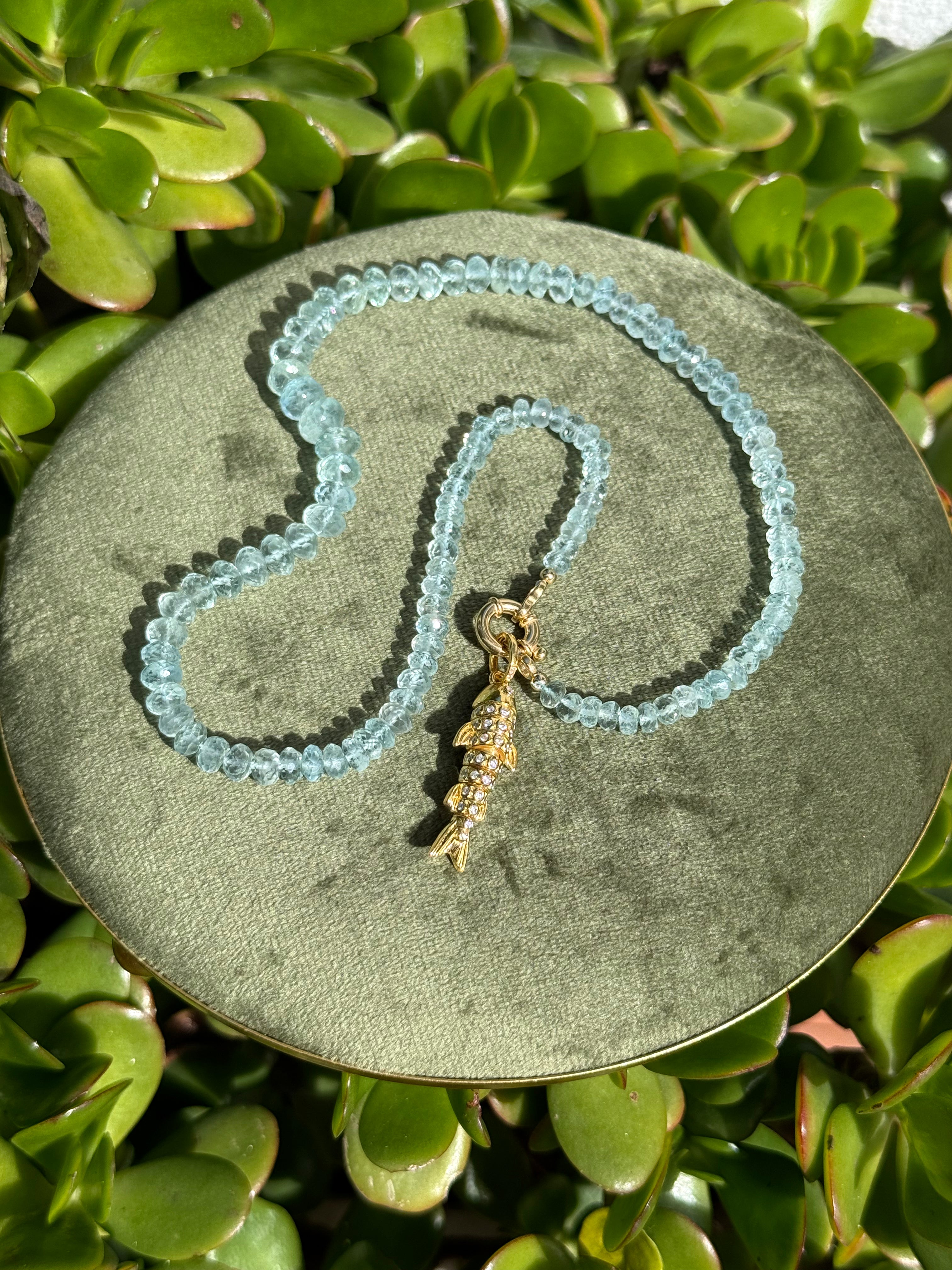 Aquamarine Beaded Necklace with Gold-Plated Silver Fish Charm
