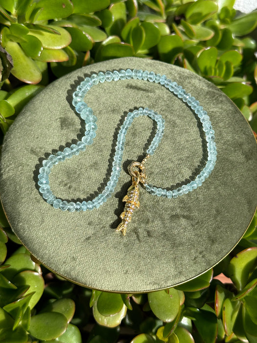 Aquamarine Beaded Necklace with Gold Plated Silver Fish Charm