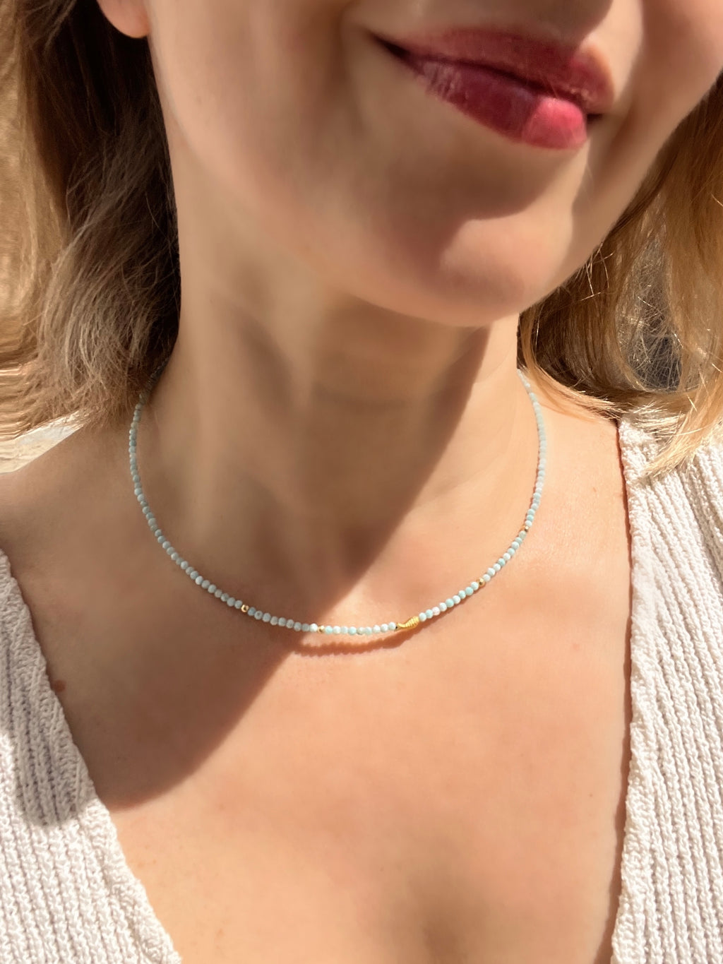 Larimar Beaded Necklace in Solid Gold