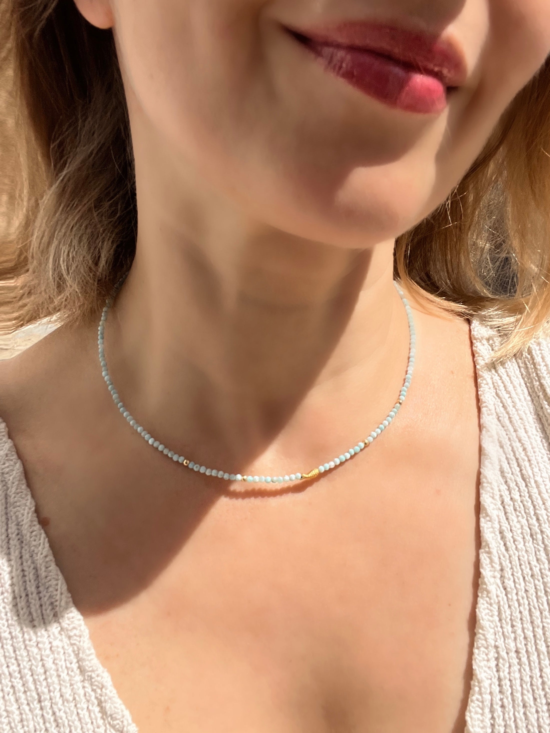 Larimar Beaded Necklace in Solid Gold