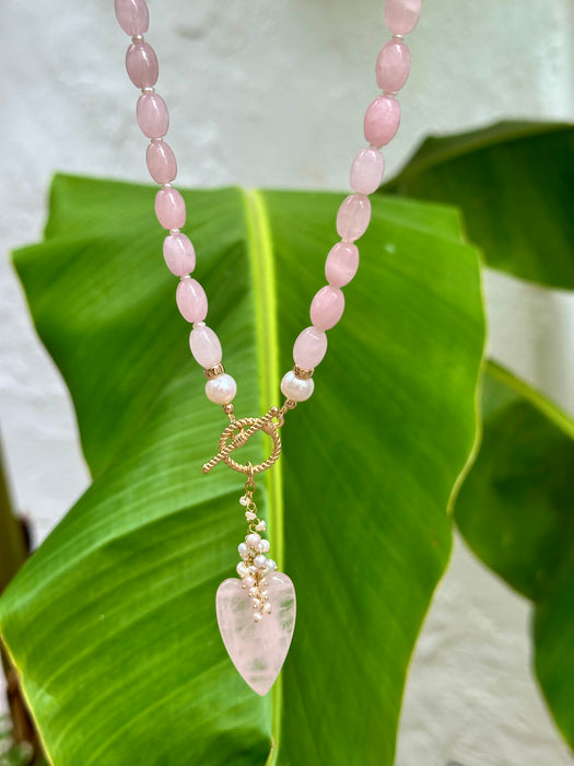 Rose Quartz Lariat Necklace With Heart Pendant