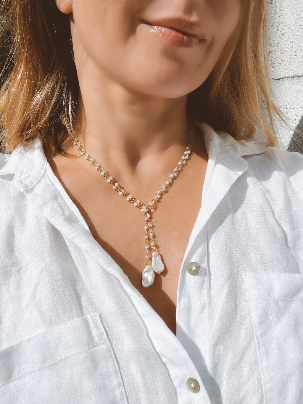 Aquamarine Lariat Rosary Chain With Two Keshi Pearls
