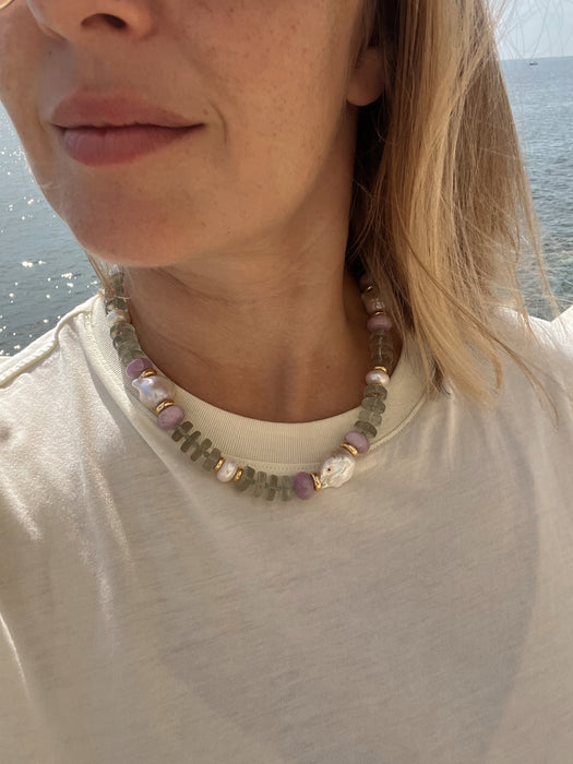 Statement Necklace In Green Amethyst And Kunzite