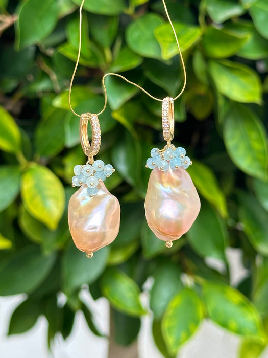 Pink Baroque Pearl And Aquamarine Earrings