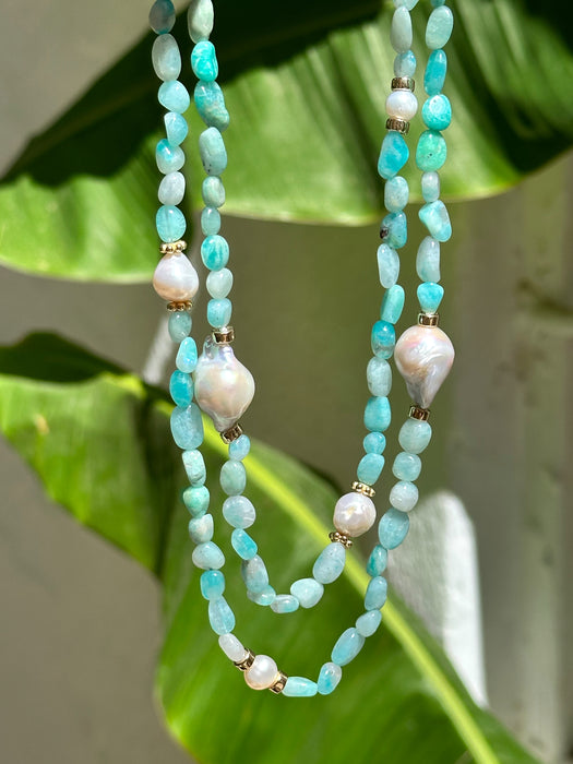 Long Amazonite And Pearl Beaded Necklace