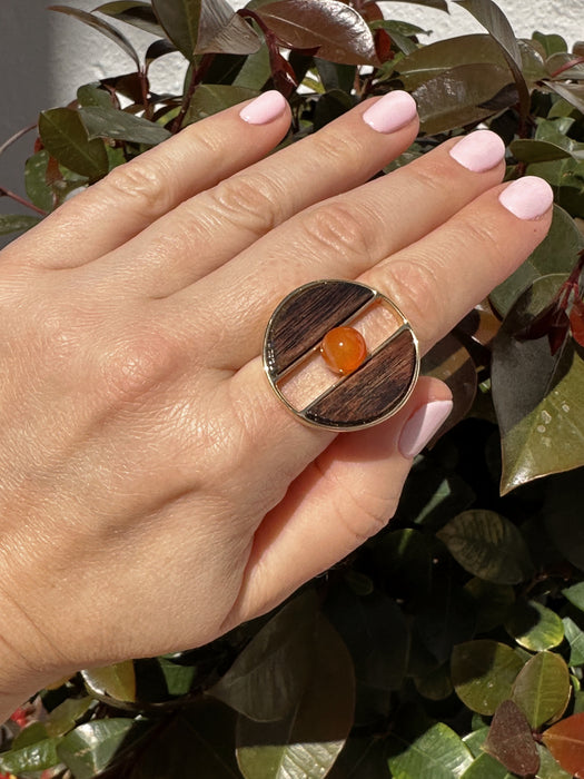 Geometric Ring With Wood And Red Agate