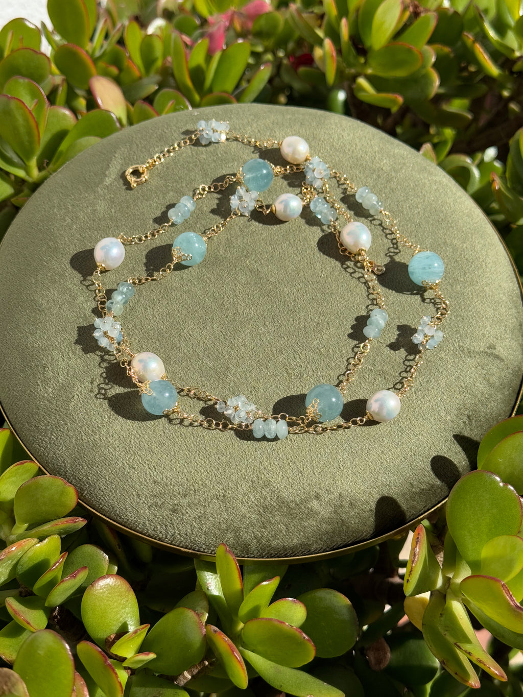 Aquamarine & Freshwater Pearl Long Necklace “Capri”