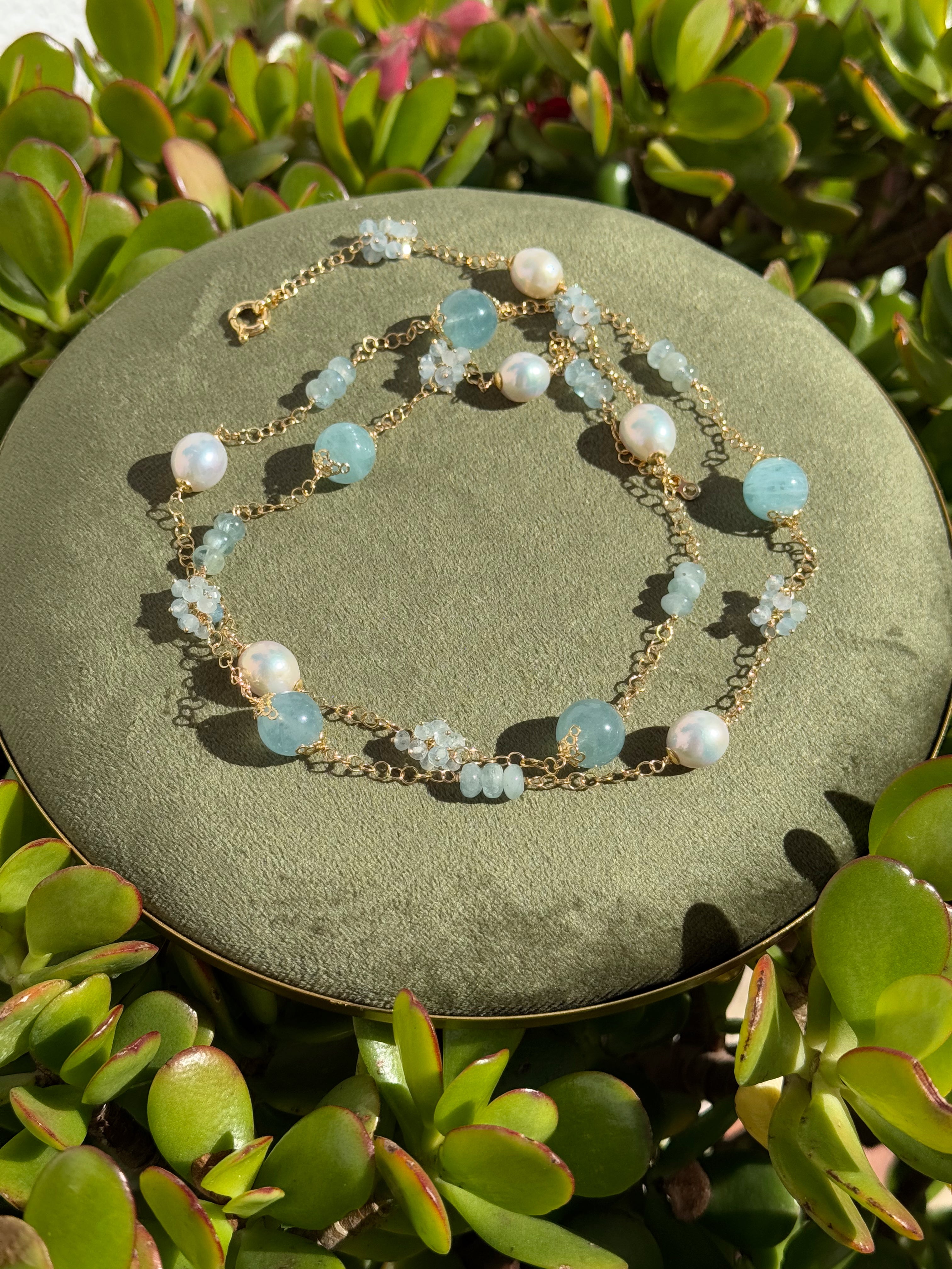 Aquamarine & Freshwater Pearl Long Necklace “Capri”