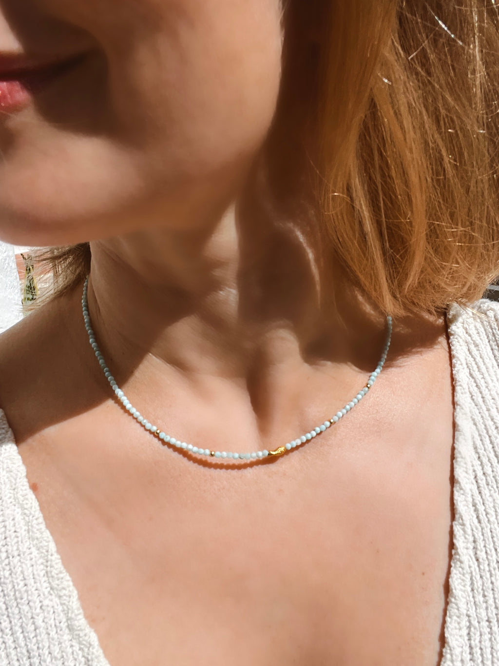 Larimar Beaded Necklace in Solid Gold
