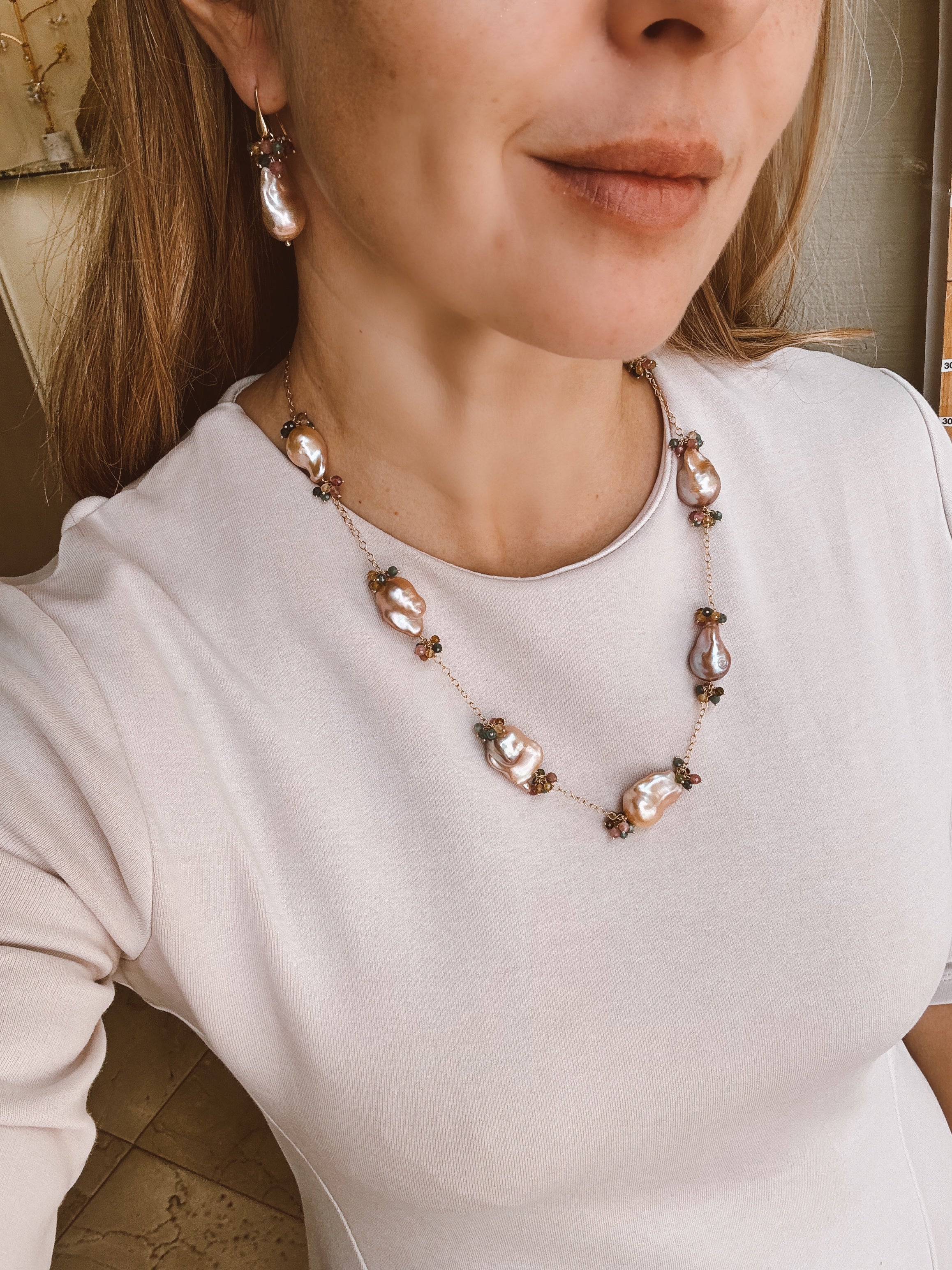 Purple Baroque Pearl & Rainbow Tourmaline Necklace — 14k Gold Filled