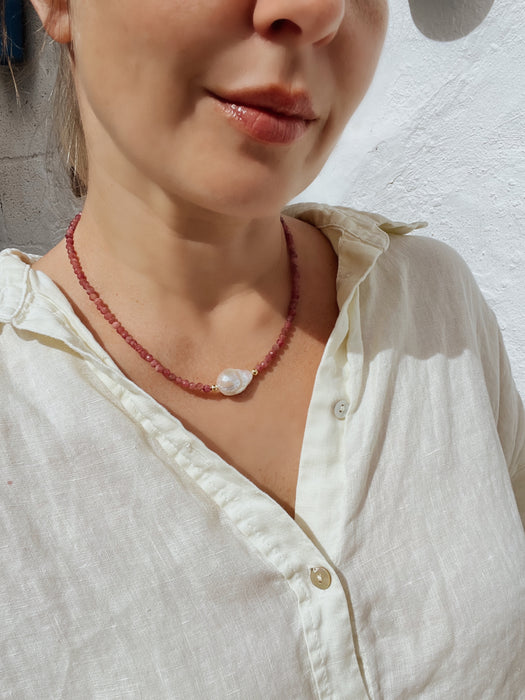 Pink Tourmaline And Baroque Pearl Necklace, October Birthstone Necklace